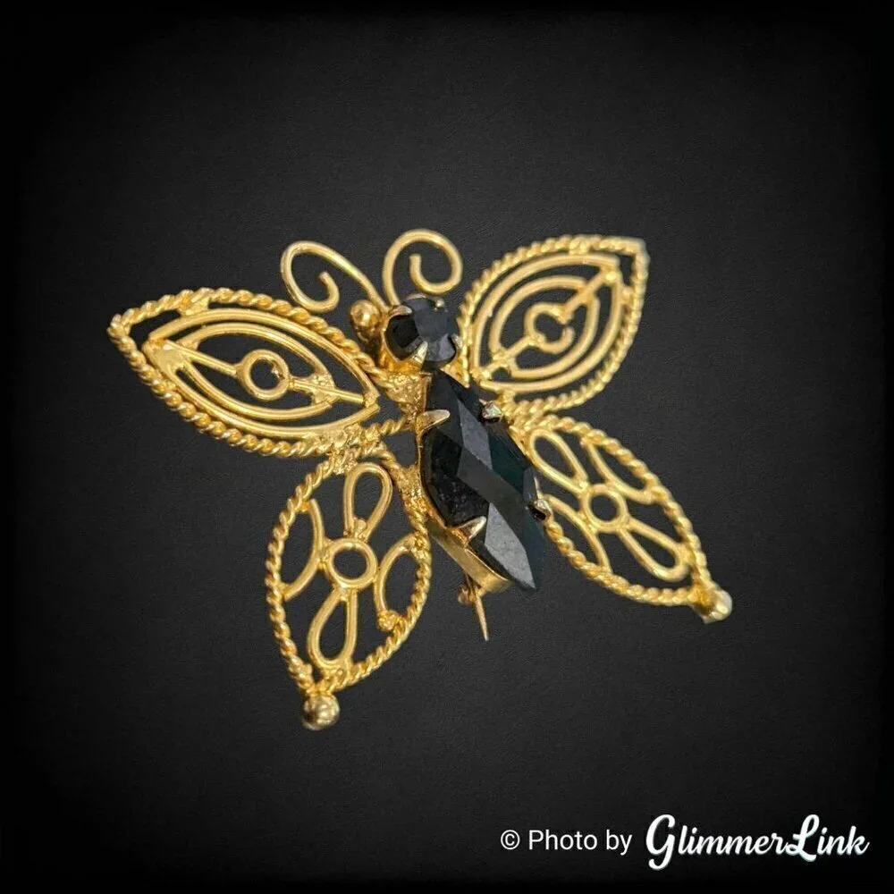 Vintage Butterfly Filigree Black Rhinestones Gold Tone Brooch Pin